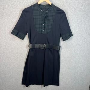 Theory Tartan Plaid Belted Dress Womens M Knee Length Black Green USA